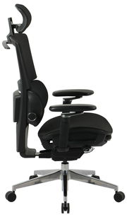 Seitliche Ansicht eines modernen Chefsessels mit verstellbarer Kopfstütze und Armlehnen, schwarzer Polsterung und stabilem Metallfuß mit Rollen.