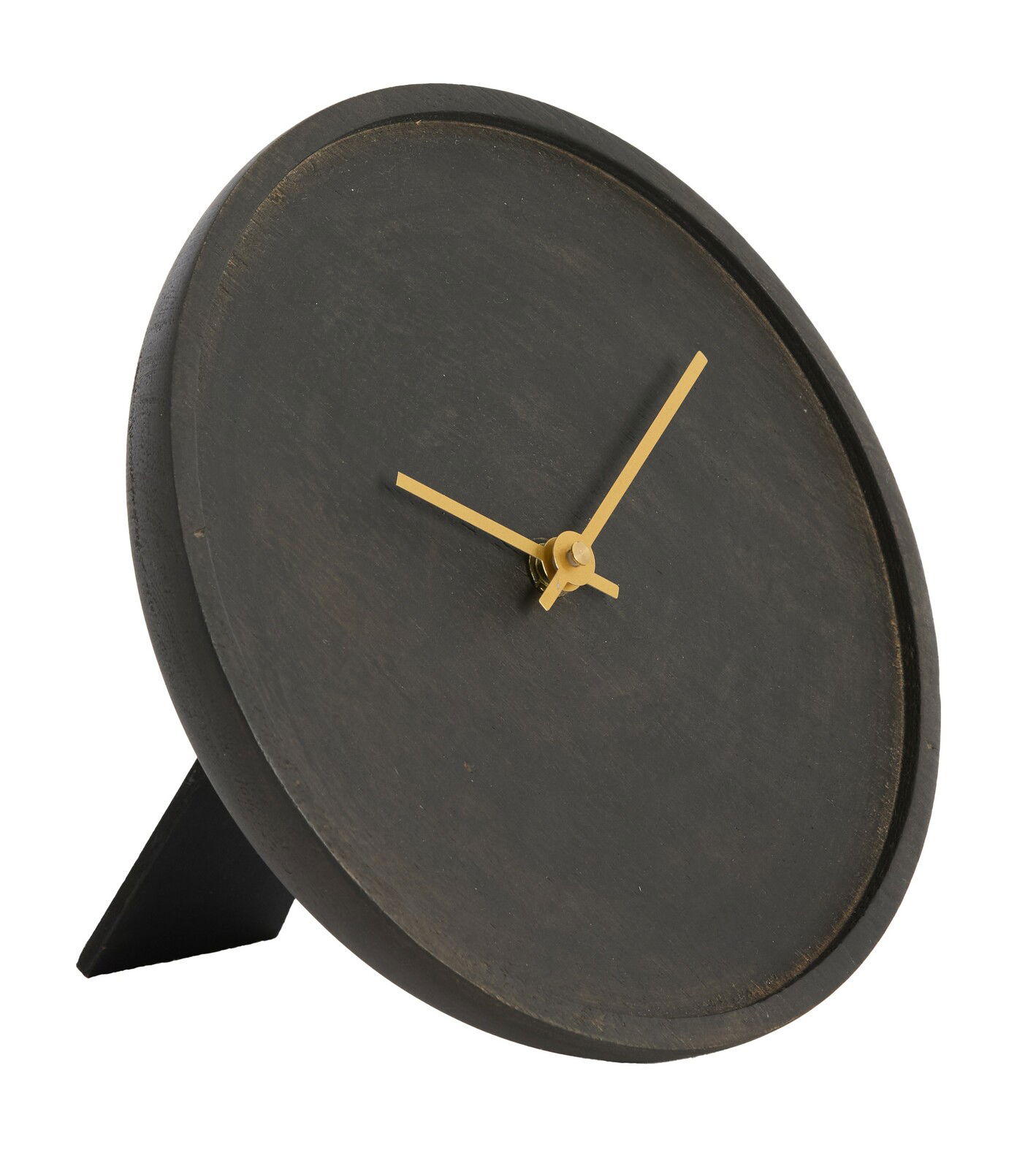 Schwarze Tischuhr mit goldenen Zeigern, seitliche Perspektive