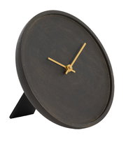 Schwarze Tischuhr mit goldenen Zeigern, seitliche Perspektive