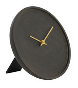 Schwarze Tischuhr mit goldenen Zeigern, seitliche Perspektive