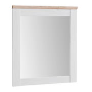 Moderner rechteckiger Spiegel mit weißem Rahmen und Holzleiste, Frontalansicht