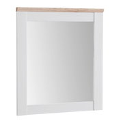 Moderner rechteckiger Spiegel mit weißem Rahmen und Holzleiste, Frontalansicht