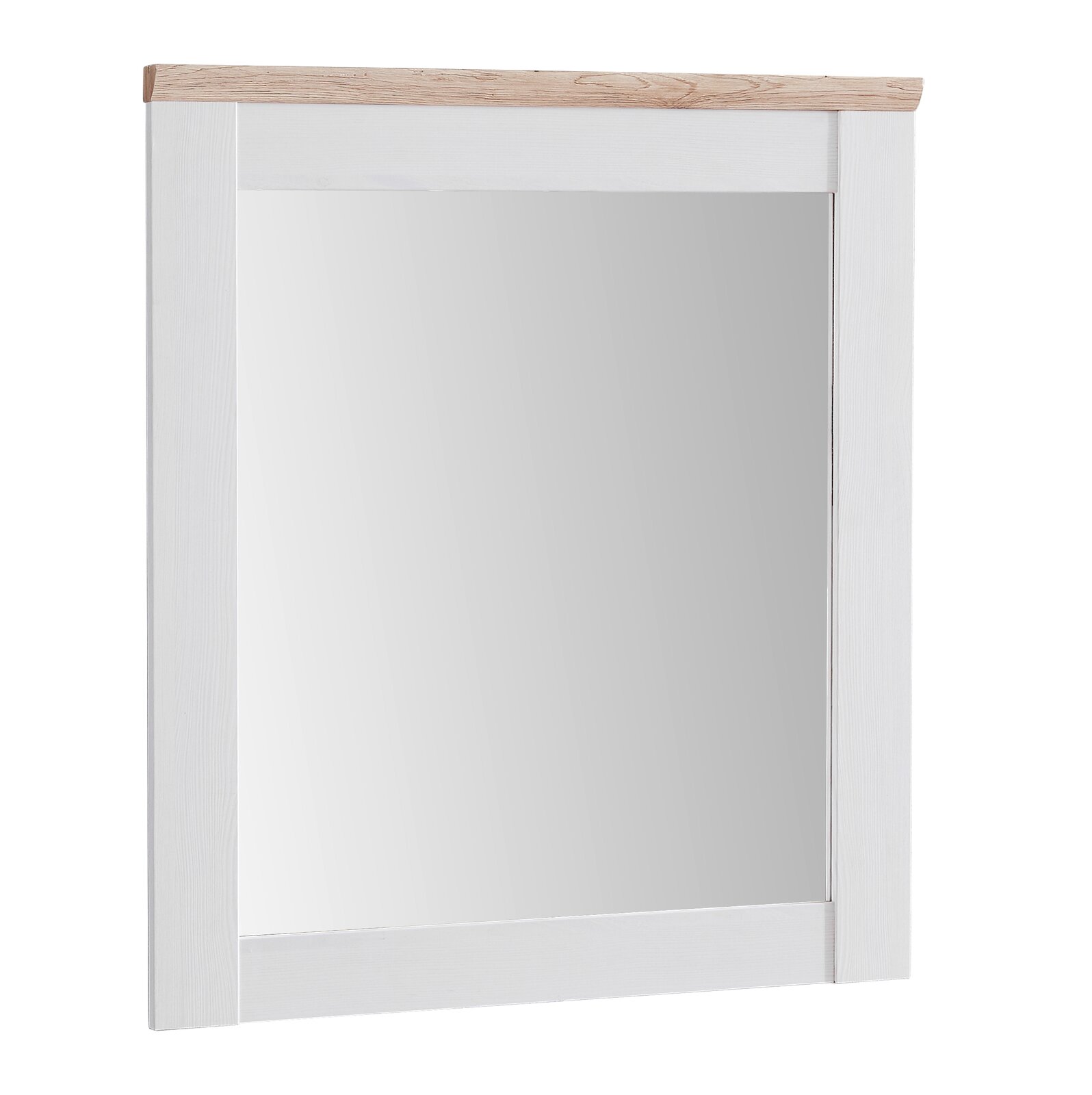 Moderner rechteckiger Spiegel mit weißem Rahmen und Holzleiste, Frontalansicht