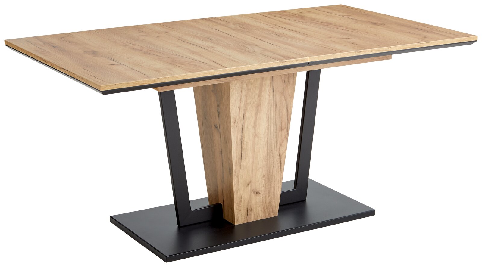 Moderner Esstisch aus Holz mit schwarzem Metallgestell, seitliche Perspektive