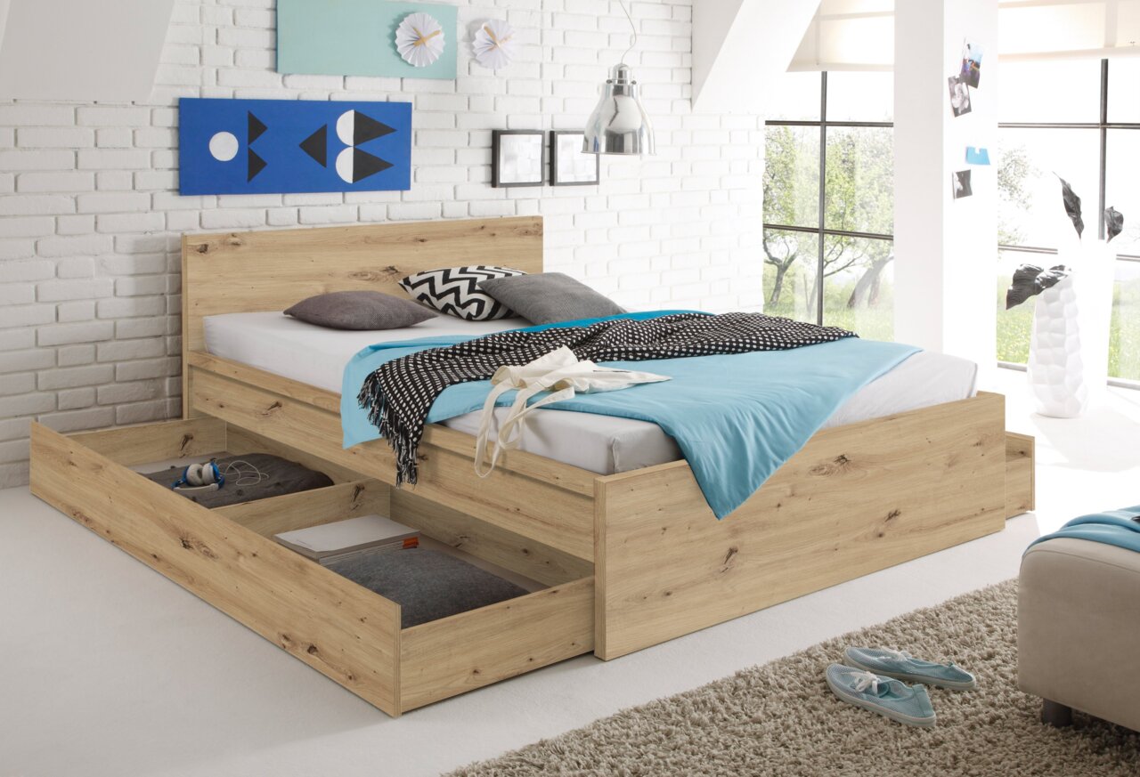 Z2 Bettschubkasten MALMÖ Holzbett mit Schubkästen, seitliche Perspektive, modernes Design, helle Umgebung