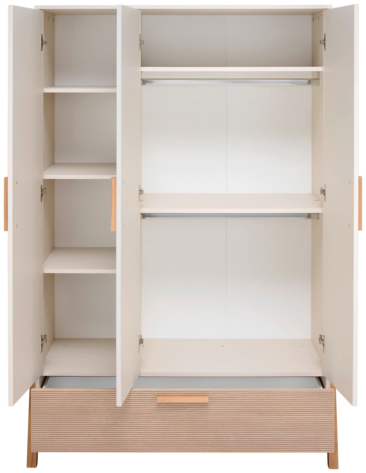 Offener Kleiderschrank mit zwei Türen, Regalböden und Schublade, Frontalansicht