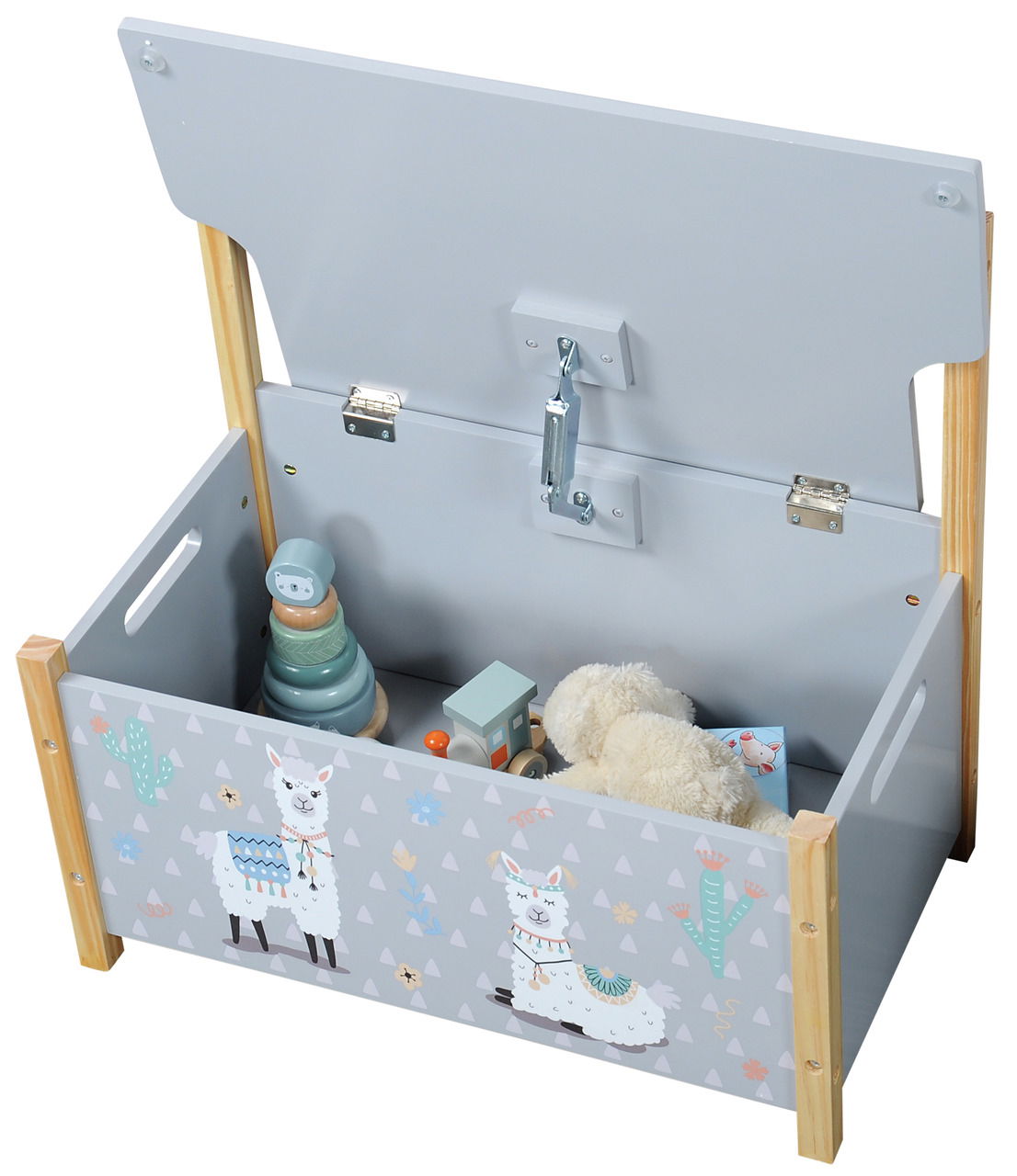 Kindersitzbank Alpaka mit Stauraum, geöffnet, von oben fotografiert, mit Spielzeug gefüllt, graue Farbe mit Alpaka-Motiven.