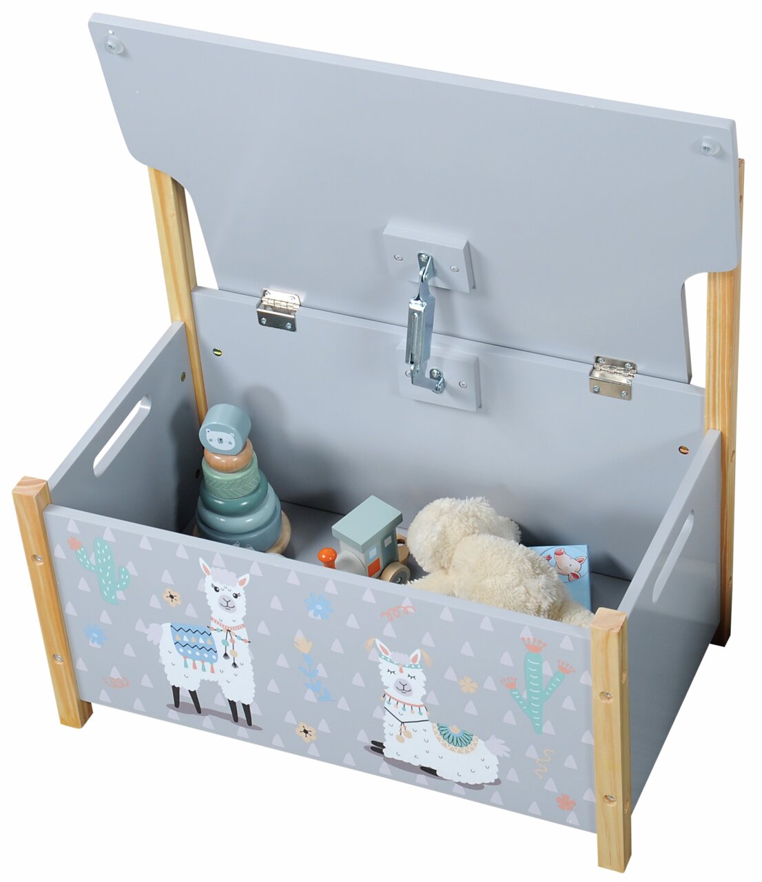 Kindersitzbank Alpaka mit Stauraum, geöffnet, von oben fotografiert, mit Spielzeug gefüllt, graue Farbe mit Alpaka-Motiven.