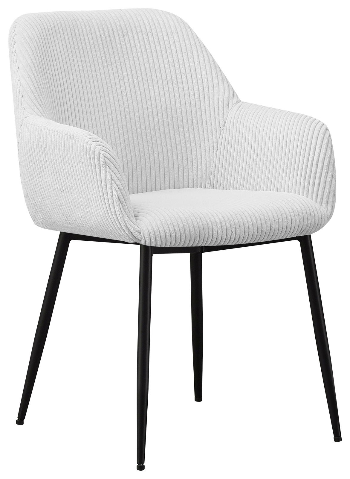 Moderner Armlehnstuhl mit weißem, geripptem Stoffbezug und schwarzen Metallbeinen, seitliche Perspektive