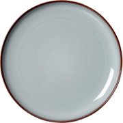 Rond bord met een diameter van 27,5 cm, grijs oppervlak met bruine rand, bovenaanzicht.
