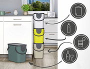 Stapelbares Recycling-Müllsystem in verschiedenen Farben, in einer Küche platziert, mit Symbolen für Papier, Plastikflaschen, Dosen und Glas. Seitliche Perspektive.