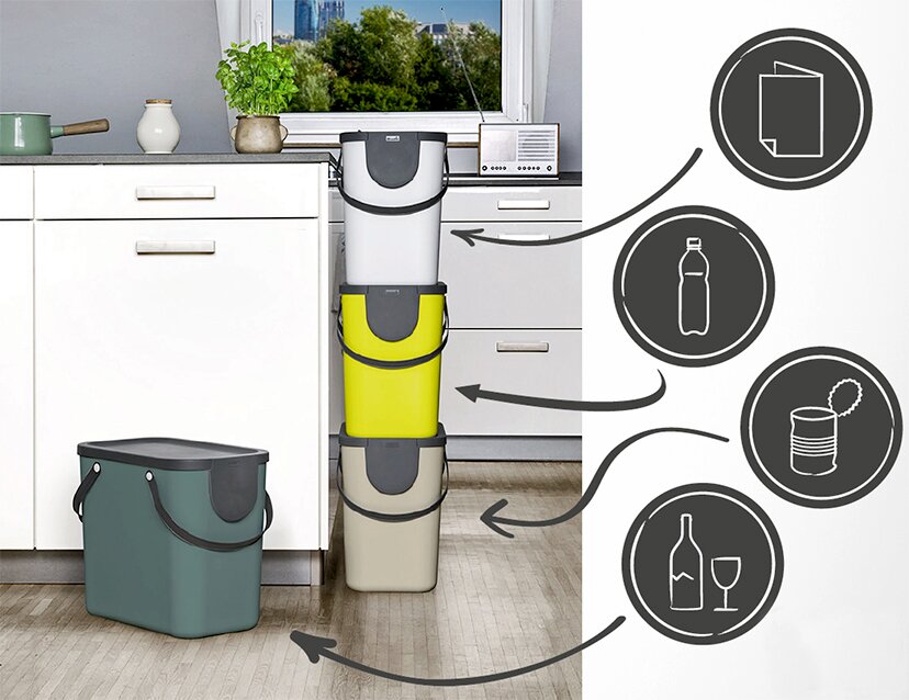 Stapelbares Recycling-Müllsystem in verschiedenen Farben, in einer Küche platziert, mit Symbolen für Papier, Plastikflaschen, Dosen und Glas. Seitliche Perspektive.