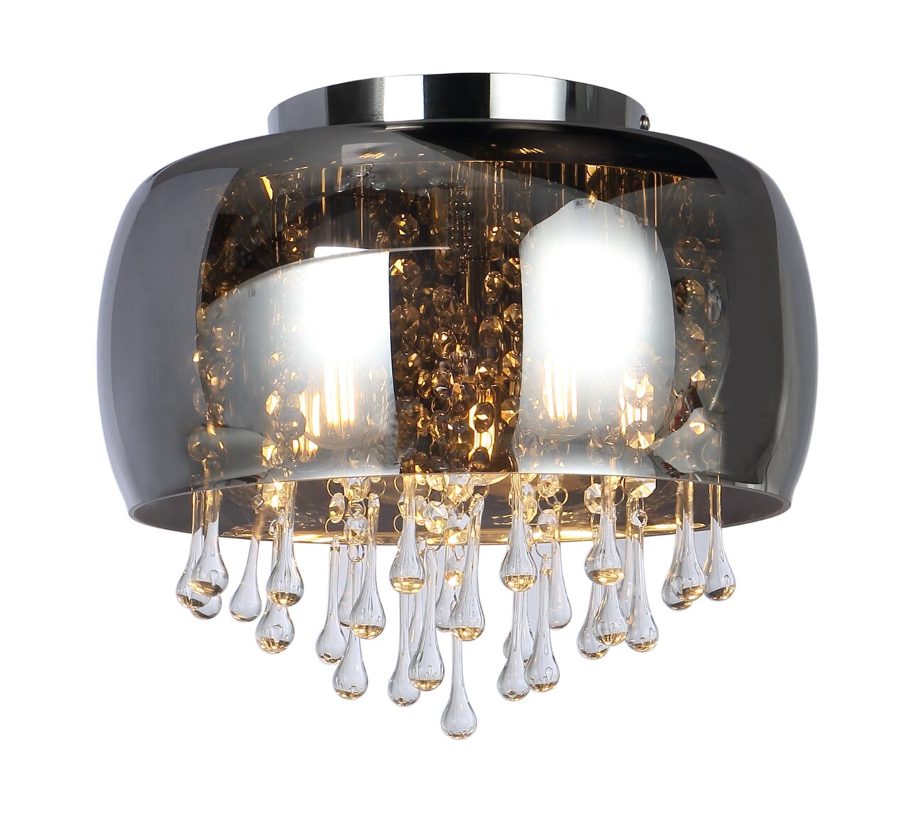 Globo Lighting Deckenleuchte KALLA Moderne Deckenleuchte mit rauchgrauem Schirm und hängenden Kristallanhängern, seitliche Perspektive