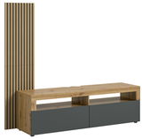 Modernes Lowboard mit Holzoptik und grauen Schubladen, inklusive vertikalem Paneel, seitliche Perspektive