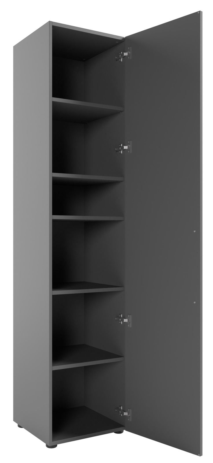 Hoher Aktenschrank mit geöffneter Tür, rechte Ansicht, zeigt mehrere Regalböden.