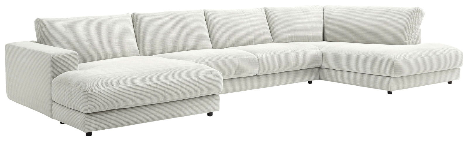 Lounge Handmade Wohnlandschaft LH-SAMBIA Großes, modernes U-förmiges Sofa in hellem Stoff, perspektivisch von vorne links fotografiert.