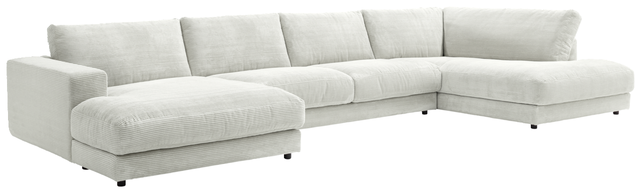 Lounge Handmade Wohnlandschaft LH-SAMBIA Großes, modernes U-förmiges Sofa in hellem Stoff, perspektivisch von vorne links fotografiert.
