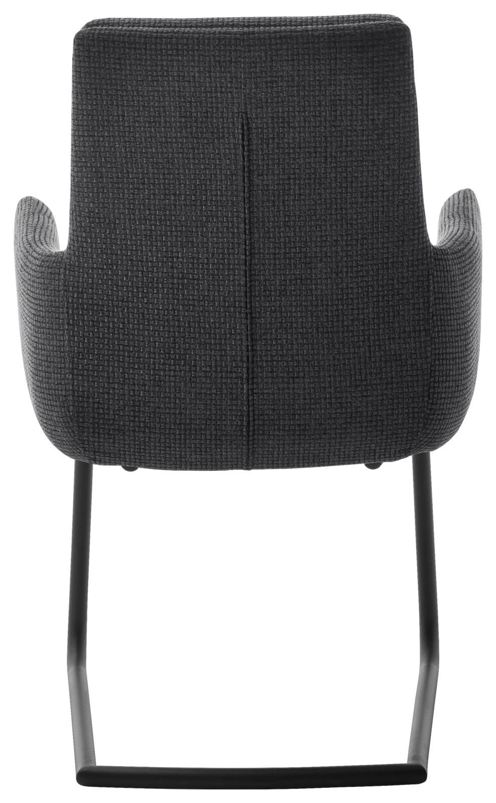 Rückansicht eines Freischwinger-Sessels mit grauem Stoffbezug und schwarzem Metallgestell.