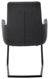 Rückansicht eines Freischwinger-Sessels mit grauem Stoffbezug und schwarzem Metallgestell.