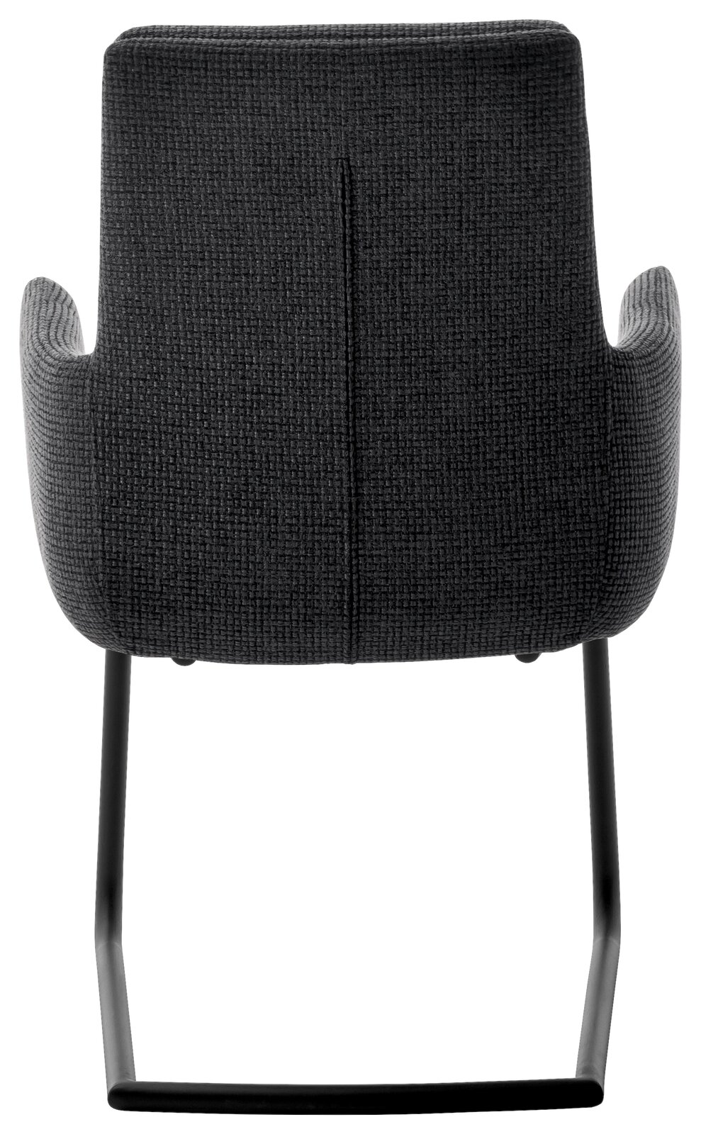 Rückansicht eines Freischwinger-Sessels mit grauem Stoffbezug und schwarzem Metallgestell.