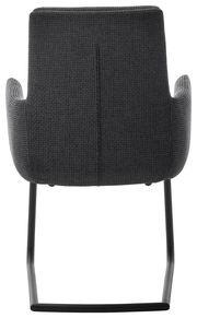 Rückansicht eines Freischwinger-Sessels mit grauem Stoffbezug und schwarzem Metallgestell.