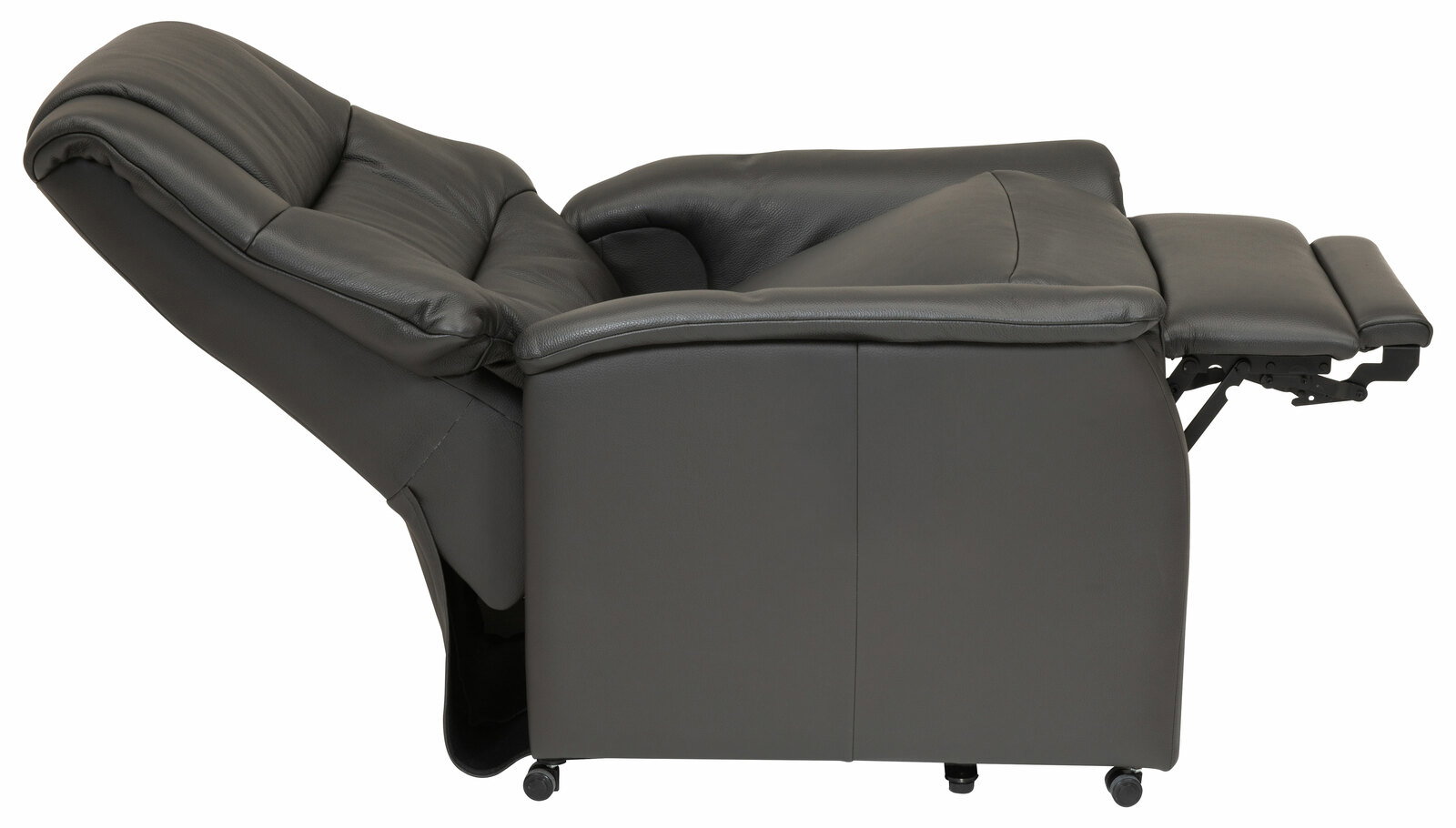 Seitliche Ansicht eines braunen Relaxsessels mit ausgeklappter Fußstütze.