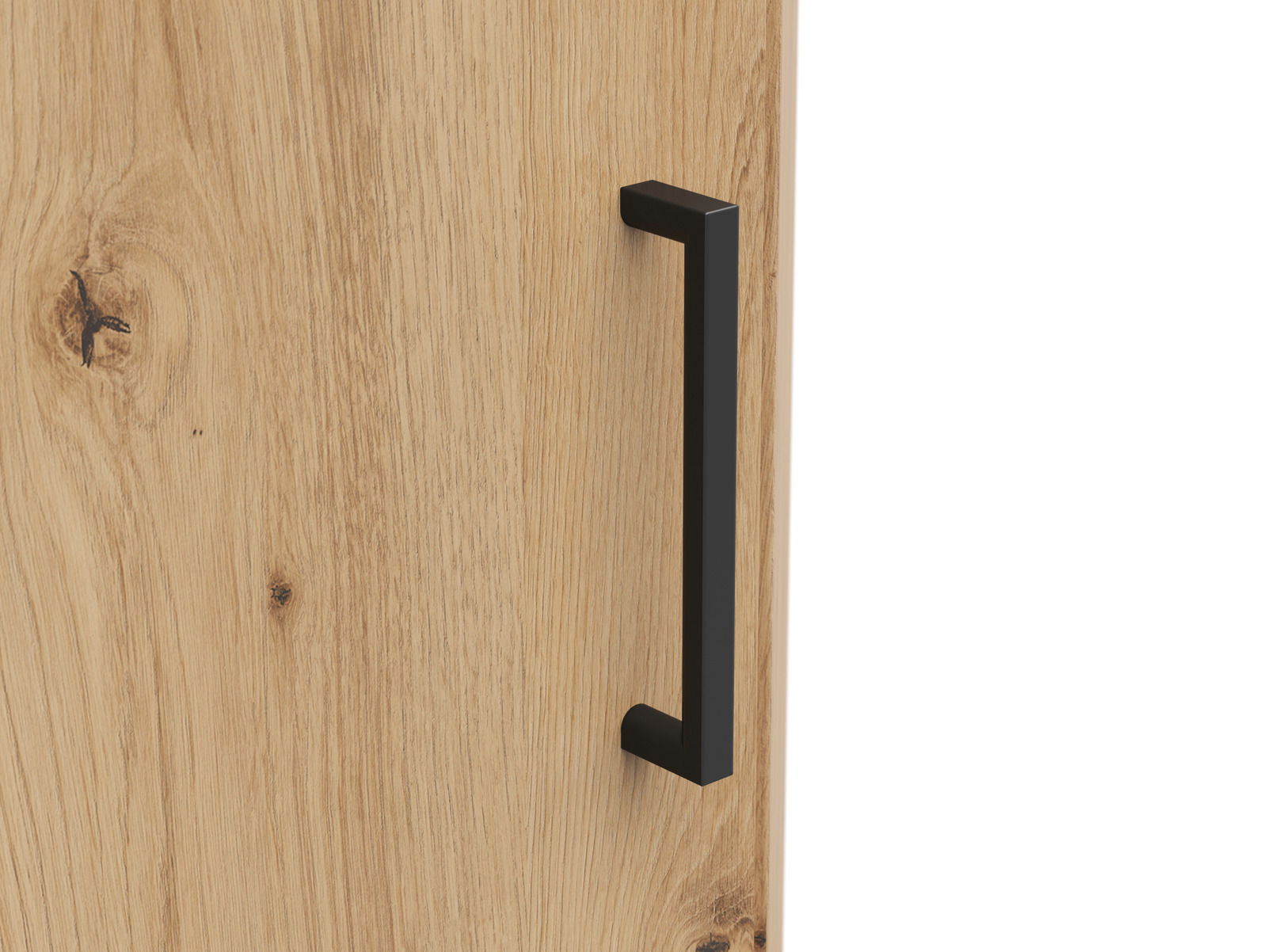 Nahaufnahme einer Holztür mit schwarzem Griff, seitliche Perspektive