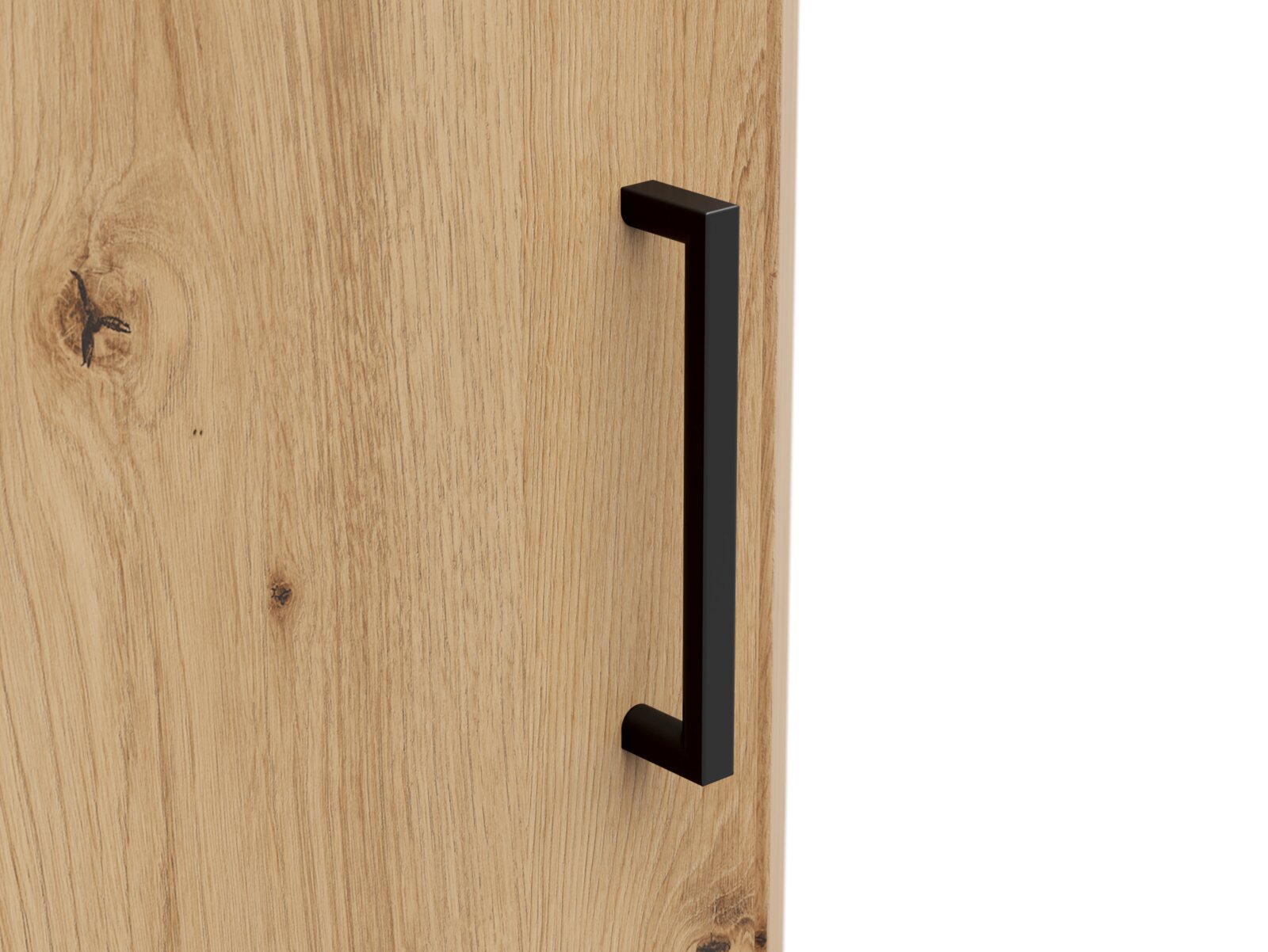 Nahaufnahme einer Holztür mit schwarzem Griff, seitliche Perspektive