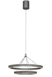 Moderne LED-Hängeleuchte mit zwei ringförmigen Leuchtelementen in dunklem Metall, seitliche Perspektive