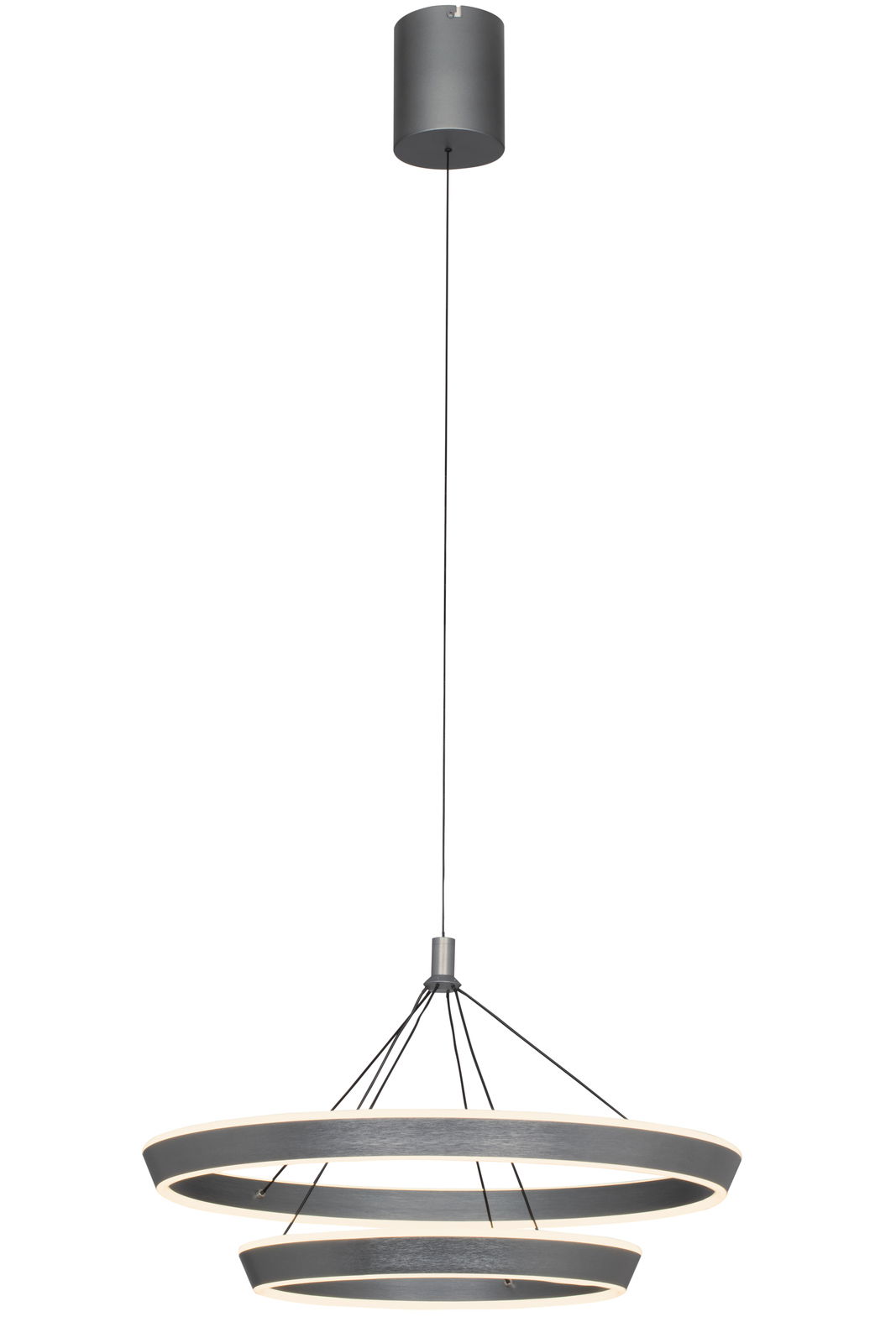 Moderne LED-Hängeleuchte mit zwei ringförmigen Leuchtelementen in dunklem Metall, seitliche Perspektive