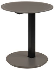 Moderner runder Beistelltisch mit schwarzem Metallgestell und grauer Tischplatte, seitliche Perspektive