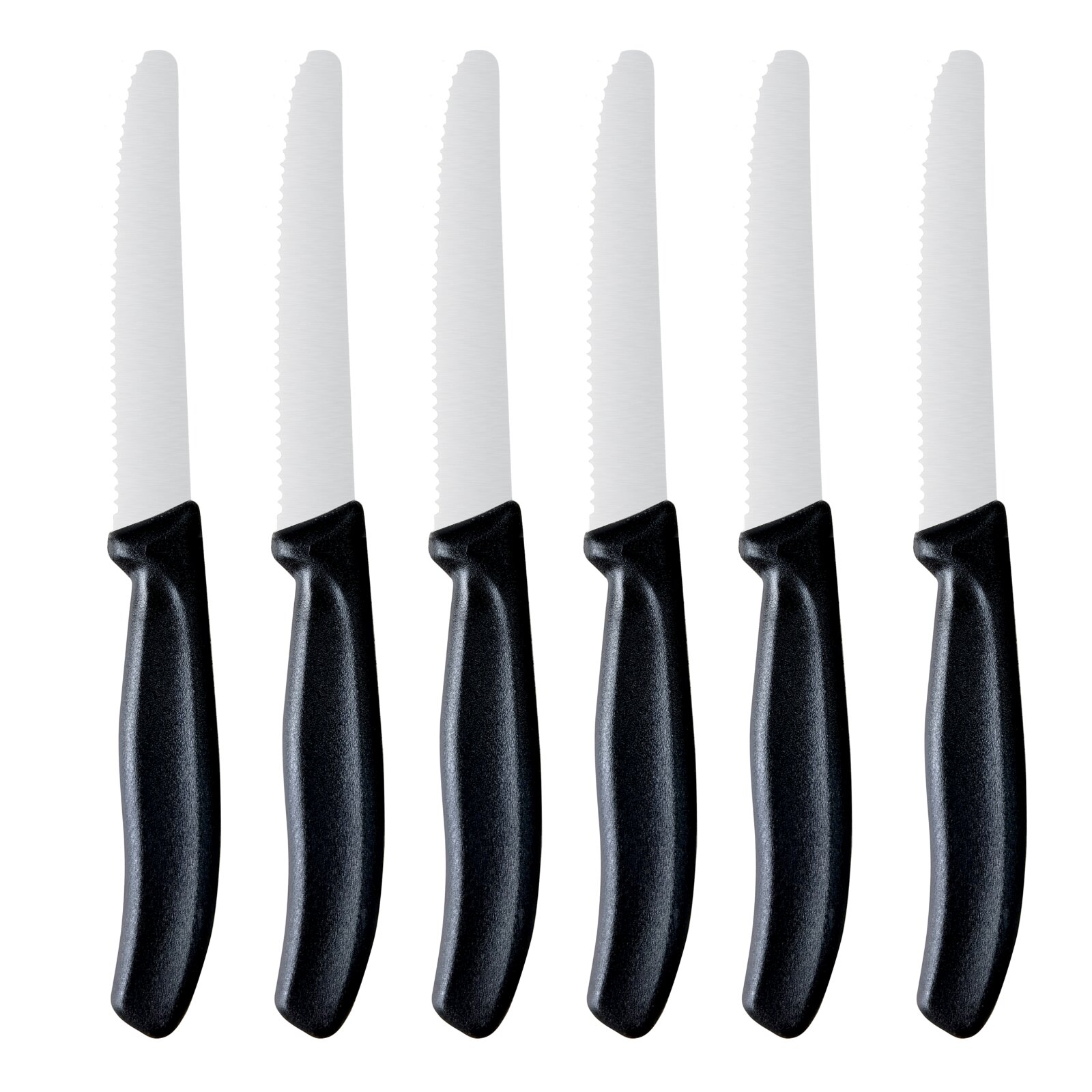 Sechs schwarze Messer mit gezackter Klinge, frontal angeordnet.