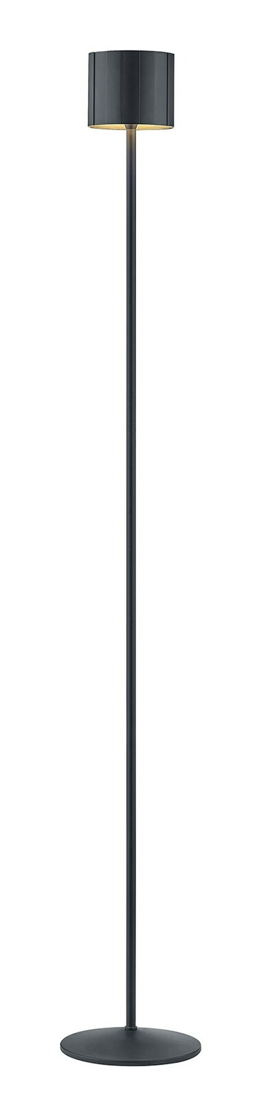 Schwarze Akku-Stehleuchte mit rundem Sockel und zylindrischem Lampenschirm, seitliche Perspektive