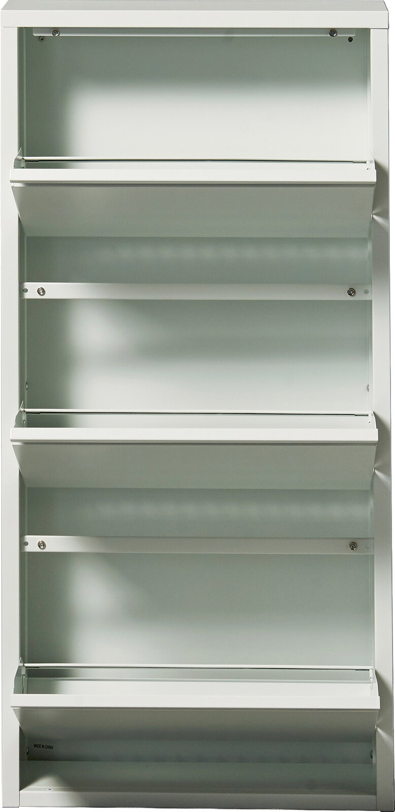 Weißer Metall-Schuhkipper mit drei nach vorne geöffneten Klappen, frontal von vorne in geöffnetem Zustand gezeigt