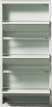 Weißer Metall-Schuhkipper mit drei nach vorne geöffneten Klappen, frontal von vorne in geöffnetem Zustand gezeigt