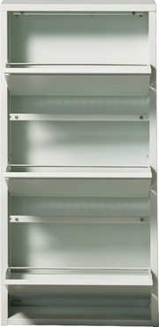 Witte metalen schoenbak met drie naar voren openende kleppen, hier van voren afgebeeld in geopende toestand