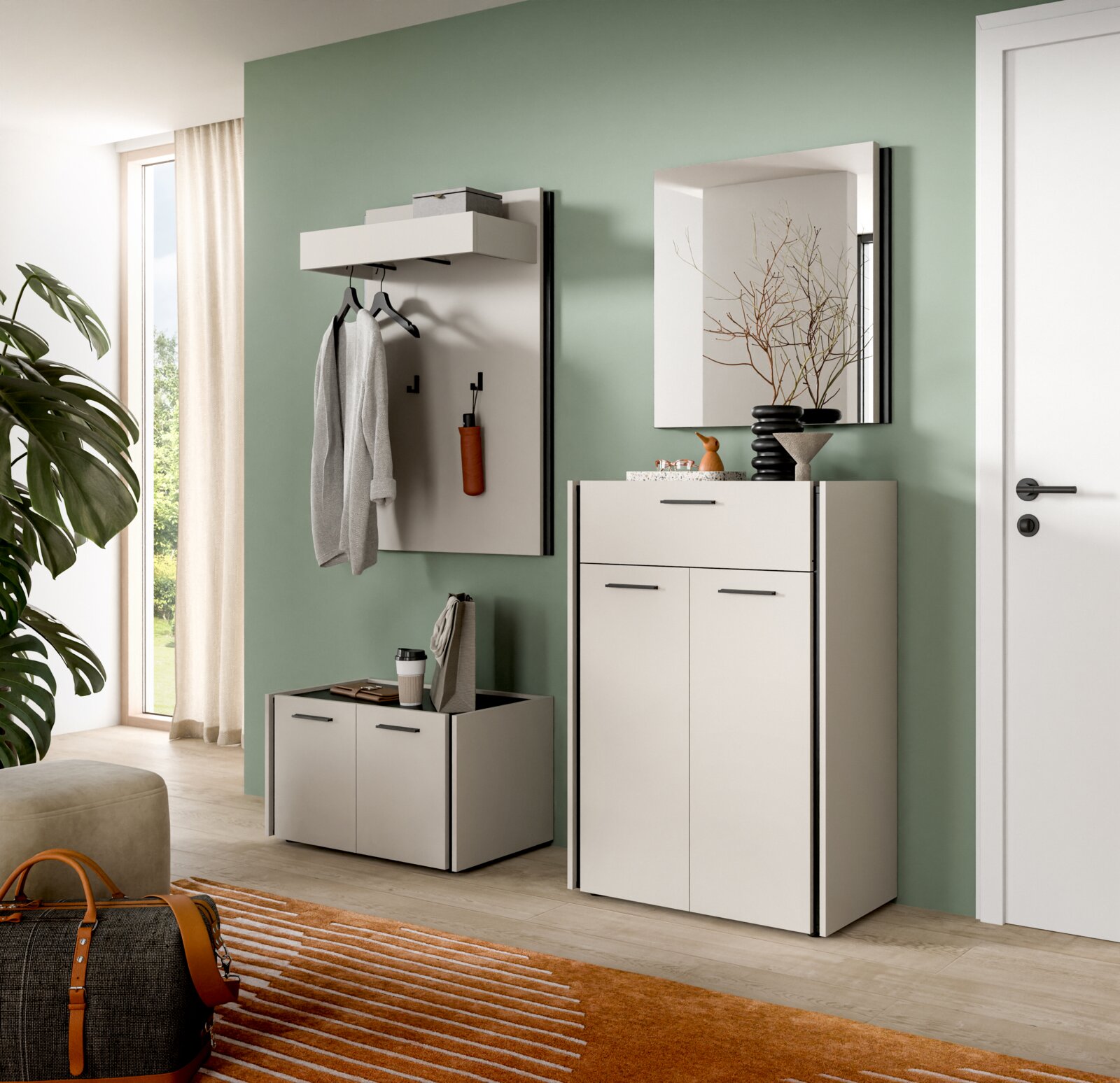 MID.YOU Garderobenkombination EMIL Modernes Flur-Set mit weißer Garderobenpaneele samt Ablage und Haken, passendem Schuhschrank und Spiegel an mintgrüner Wand, fotografiert in leicht schräger Frontansicht aus Augenhöhe.