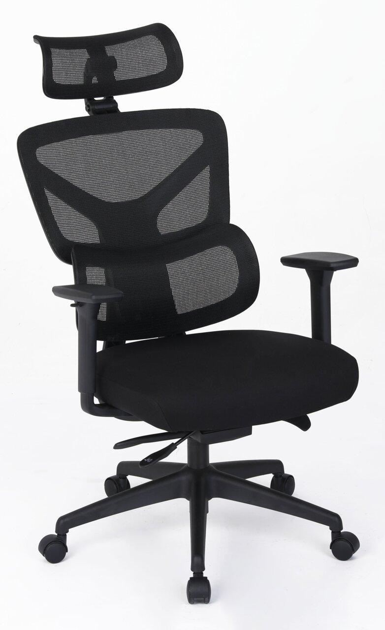 Ergonomischer schwarzer Drehstuhl mit Netzrückenlehne und Kopfstütze, seitliche Perspektive