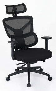 Ergonomischer schwarzer Drehstuhl mit Netzrückenlehne und Kopfstütze, seitliche Perspektive