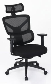 Ergonomische zwarte draaistoel met rugleuning van gaas en hoofdsteun, zijaanzicht