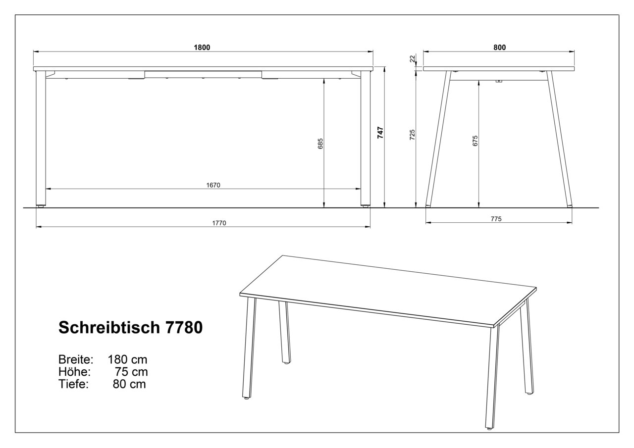 Technische Zeichnung des Schreibtischs 7780 mit Maßen (Breite 180 cm, Tiefe 80 cm, Höhe ca. 75 cm), dargestellt in Frontansicht, Seitenansicht und schräger Perspektive.
