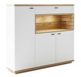 Modernes Highboard in Weiß mit Holzdetails, seitliche Perspektive