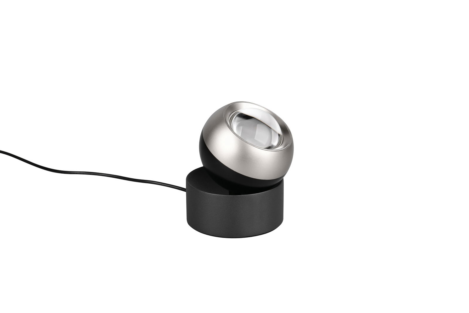 Moderne Tischleuchte mit kugelförmigem, silbernem Kopf auf schwarzem Sockel, seitliche Perspektive