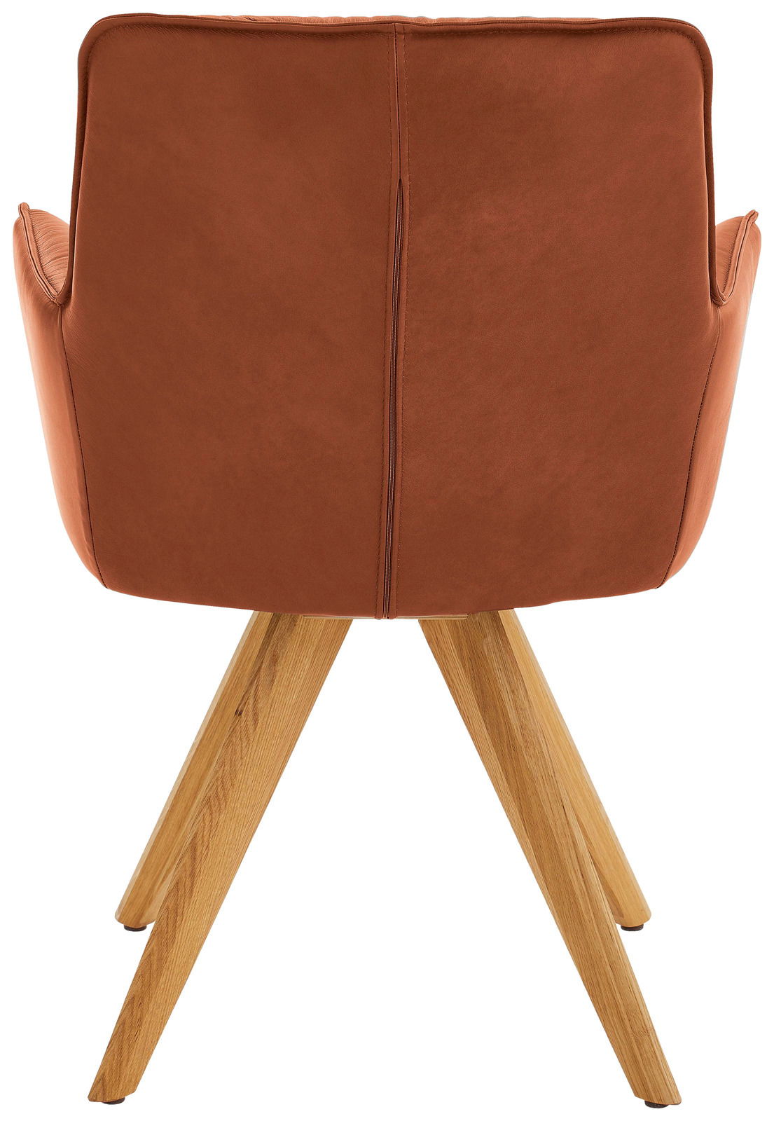 Dieter Knoll Design-Schalensessel PREMIO Rückansicht eines Design-Schalensessels mit braunem Lederbezug und Holzbeinen.