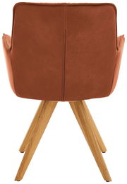 Rückansicht eines Design-Schalensessels mit braunem Lederbezug und Holzbeinen.