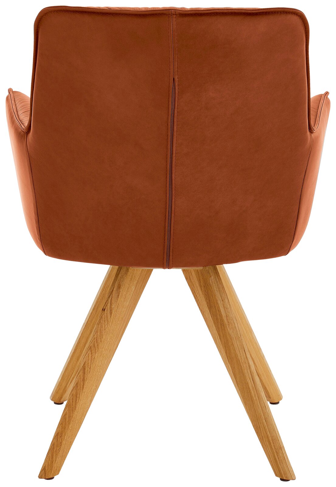 Dieter Knoll Design-Schalensessel PREMIO Rückansicht eines Design-Schalensessels mit braunem Lederbezug und Holzbeinen.