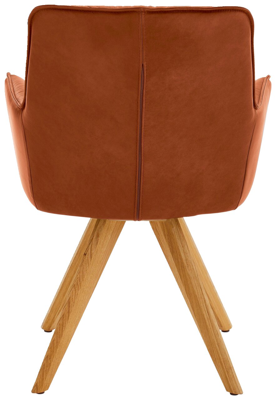 Dieter Knoll Design-Schalensessel PREMIO Rückansicht eines Design-Schalensessels mit braunem Lederbezug und Holzbeinen.