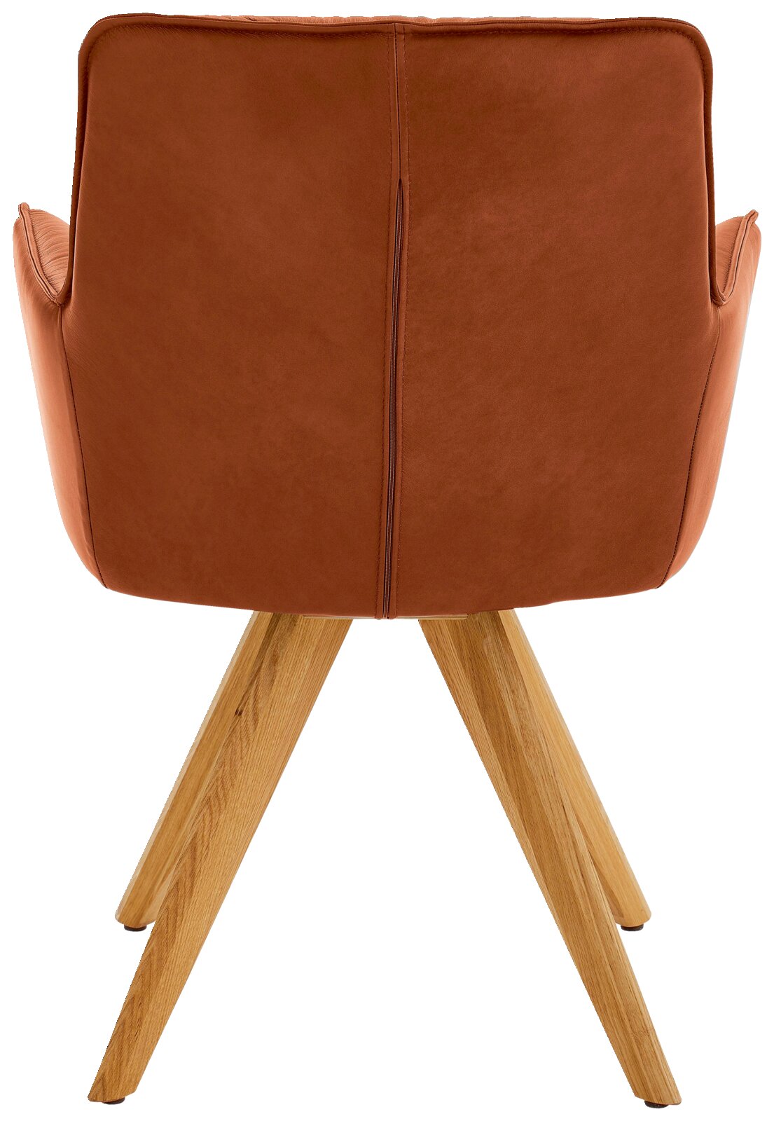 Dieter Knoll Design-Schalensessel PREMIO Rückansicht eines Design-Schalensessels mit braunem Lederbezug und Holzbeinen.