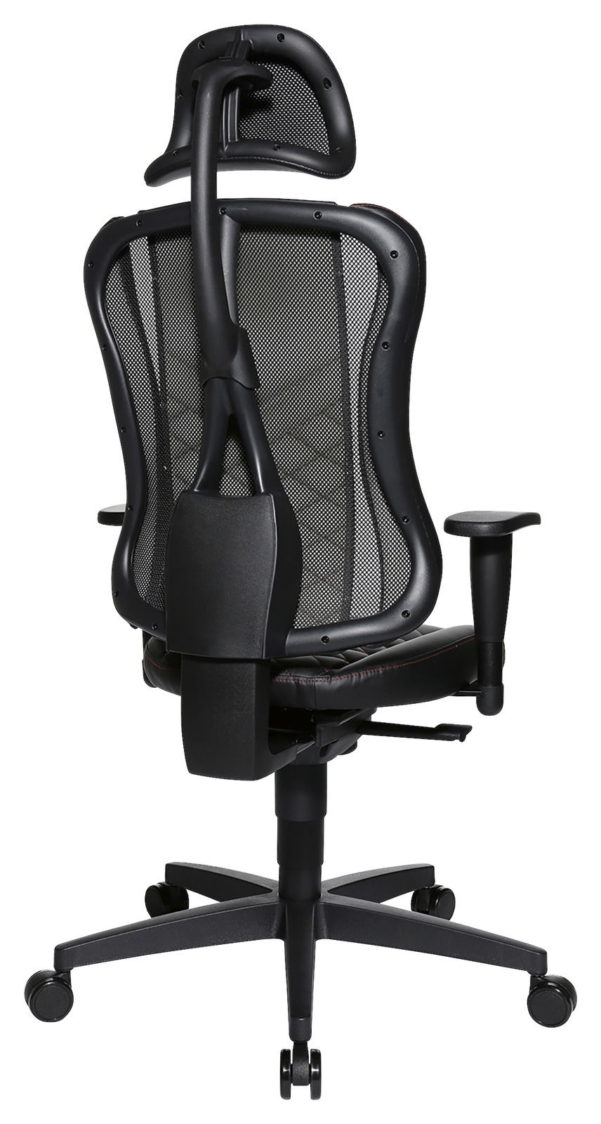 Rückansicht eines ergonomischen Gaming-Stuhls mit Netzrückenlehne und Kopfstütze