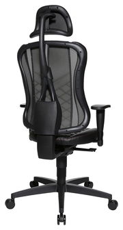 Rückansicht eines ergonomischen Gaming-Stuhls mit Netzrückenlehne und Kopfstütze